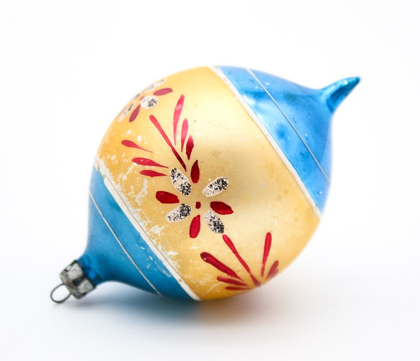 Vintage Poland Mercury Glass Blue Gold Hand Painted Floral Teardrop Ornament - Thumbnail 6
