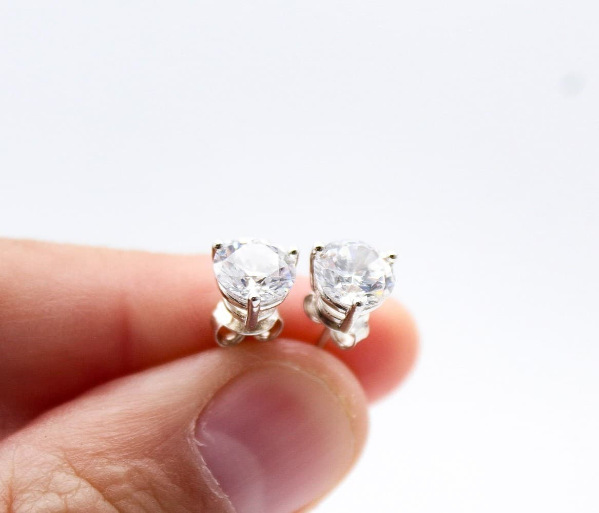 CZ Round Silver Tone 3-Prong Martini Set Solitaire Stud Earrings - Thumbnail 5