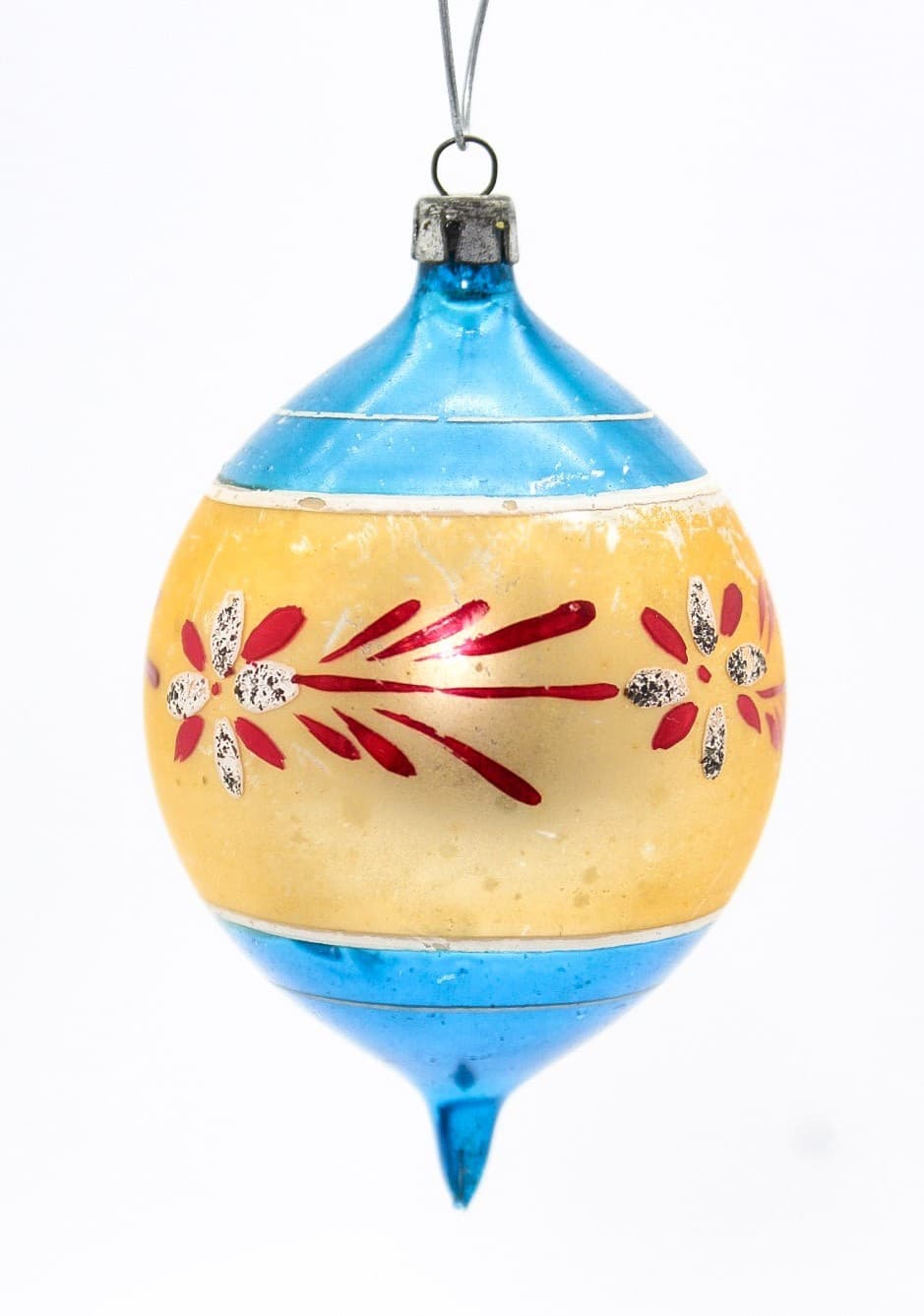 Vintage Poland Mercury Glass Blue Gold Hand Painted Floral Teardrop Ornament - Thumbnail 7