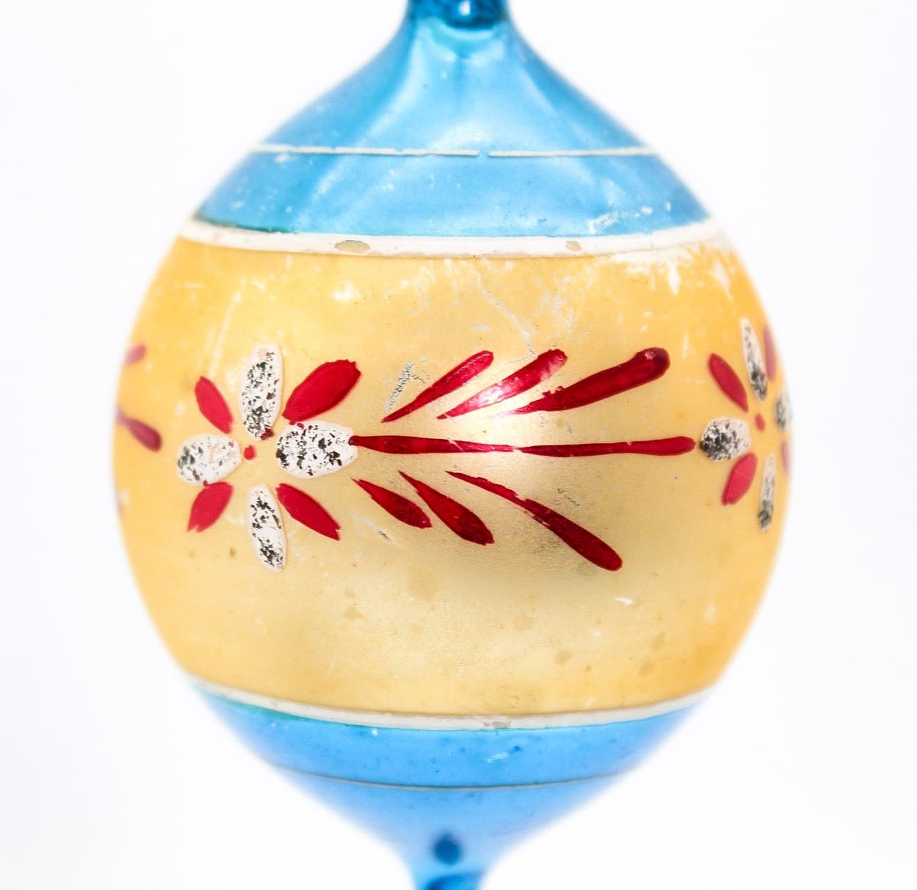 Vintage Poland Mercury Glass Blue Gold Hand Painted Floral Teardrop Ornament - Thumbnail 2