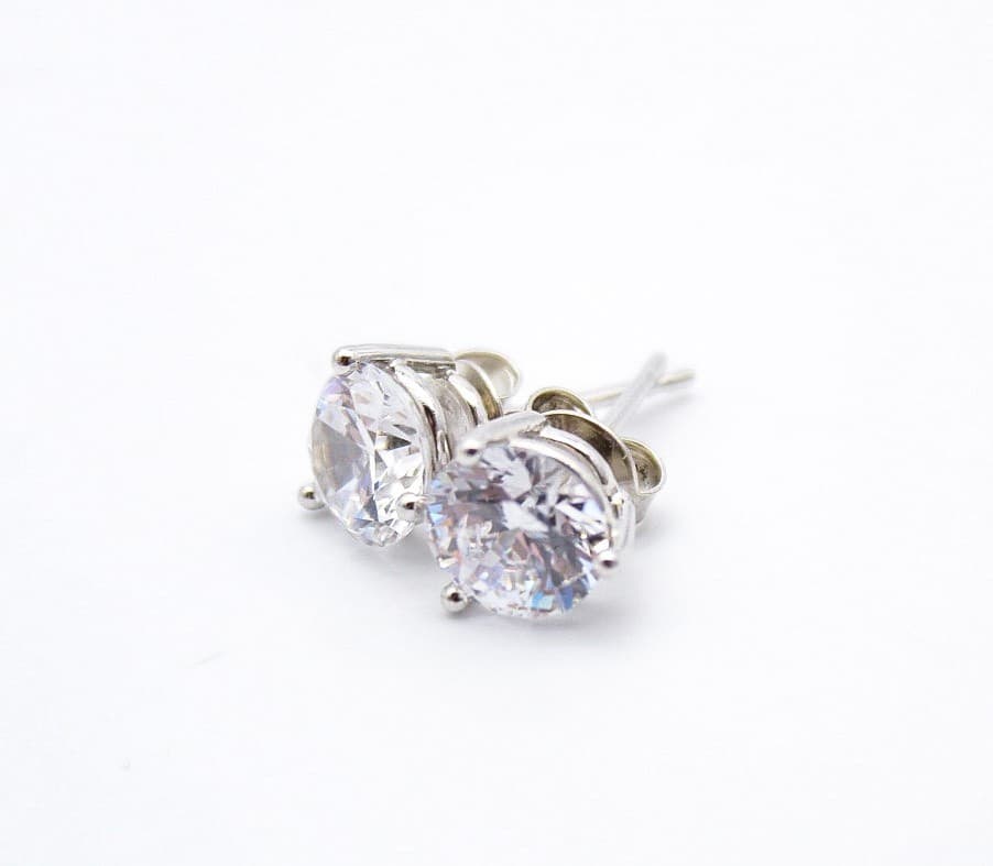 CZ Round Silver Tone 3-Prong Martini Set Solitaire Stud Earrings - Thumbnail 3