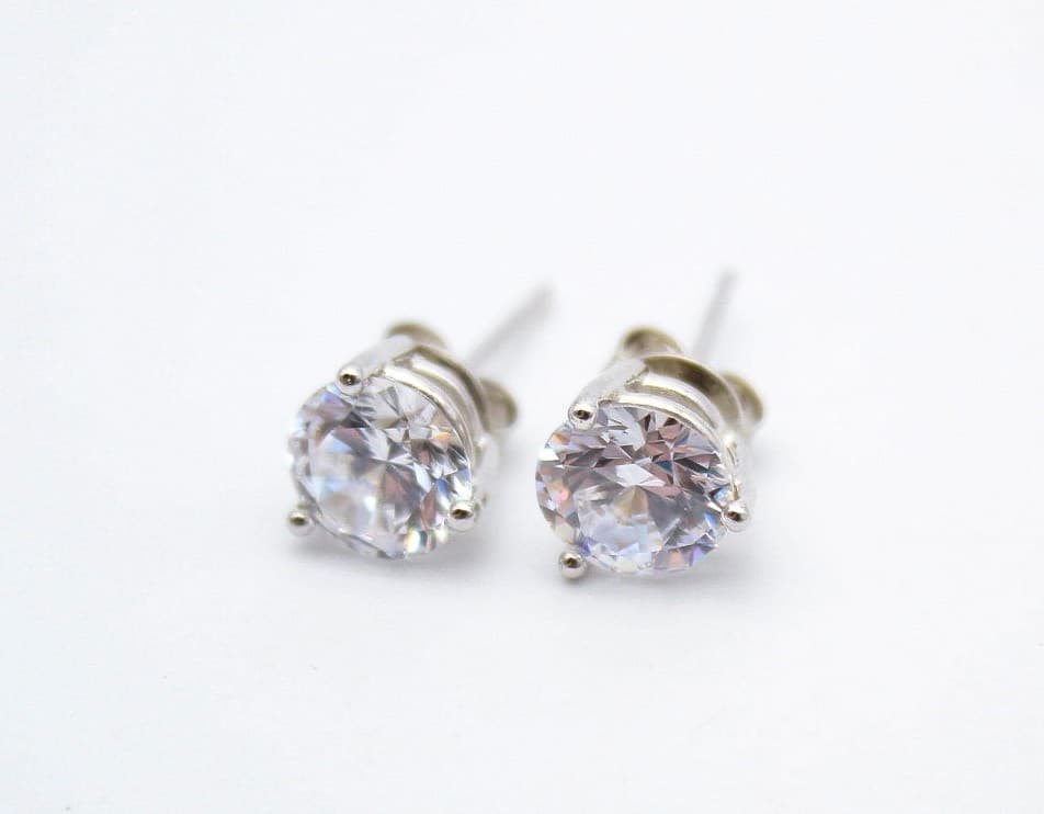CZ Round Silver Tone 3-Prong Martini Set Solitaire Stud Earrings - Thumbnail 2