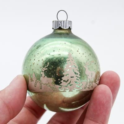 Vintage SHINY BRITE Light Green Reindeer Scene Stencil Glass Christmas Ornament - Thumbnail 2