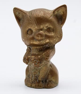 Vintage Miniature Bronze Kitty Cat With Floral Wreath Figurine - Thumbnail 4