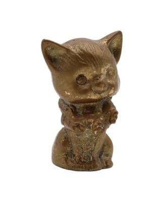Vintage Miniature Bronze Kitty Cat With Floral Wreath Figurine - Image 1