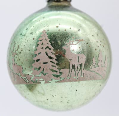 Vintage SHINY BRITE Light Green Reindeer Scene Stencil Glass Christmas Ornament - Thumbnail 3
