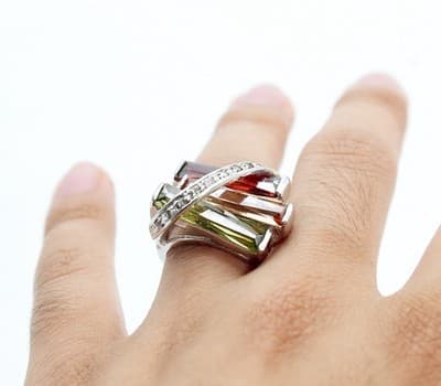 Vintage 18K White Gold Electro Plated Natural Stones Ring Size 6.75 - Thumbnail 3