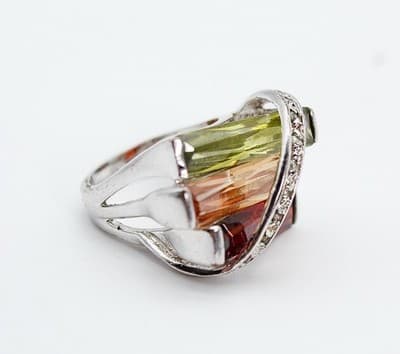 Vintage 18K White Gold Electro Plated Natural Stones Ring Size 6.75 - Thumbnail 5
