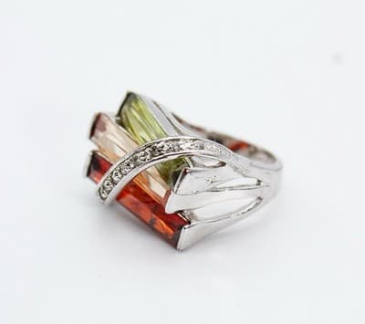 Vintage 18K White Gold Electro Plated Natural Stones Ring Size 6.75 - Thumbnail 4