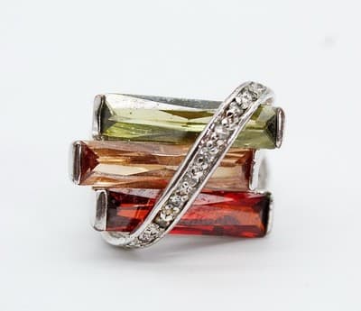 Vintage 18K White Gold Electro Plated Natural Stones Ring Size 6.75 - Thumbnail 2