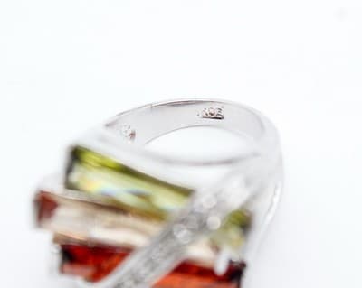 Vintage 18K White Gold Electro Plated Natural Stones Ring Size 6.75 - Thumbnail 8