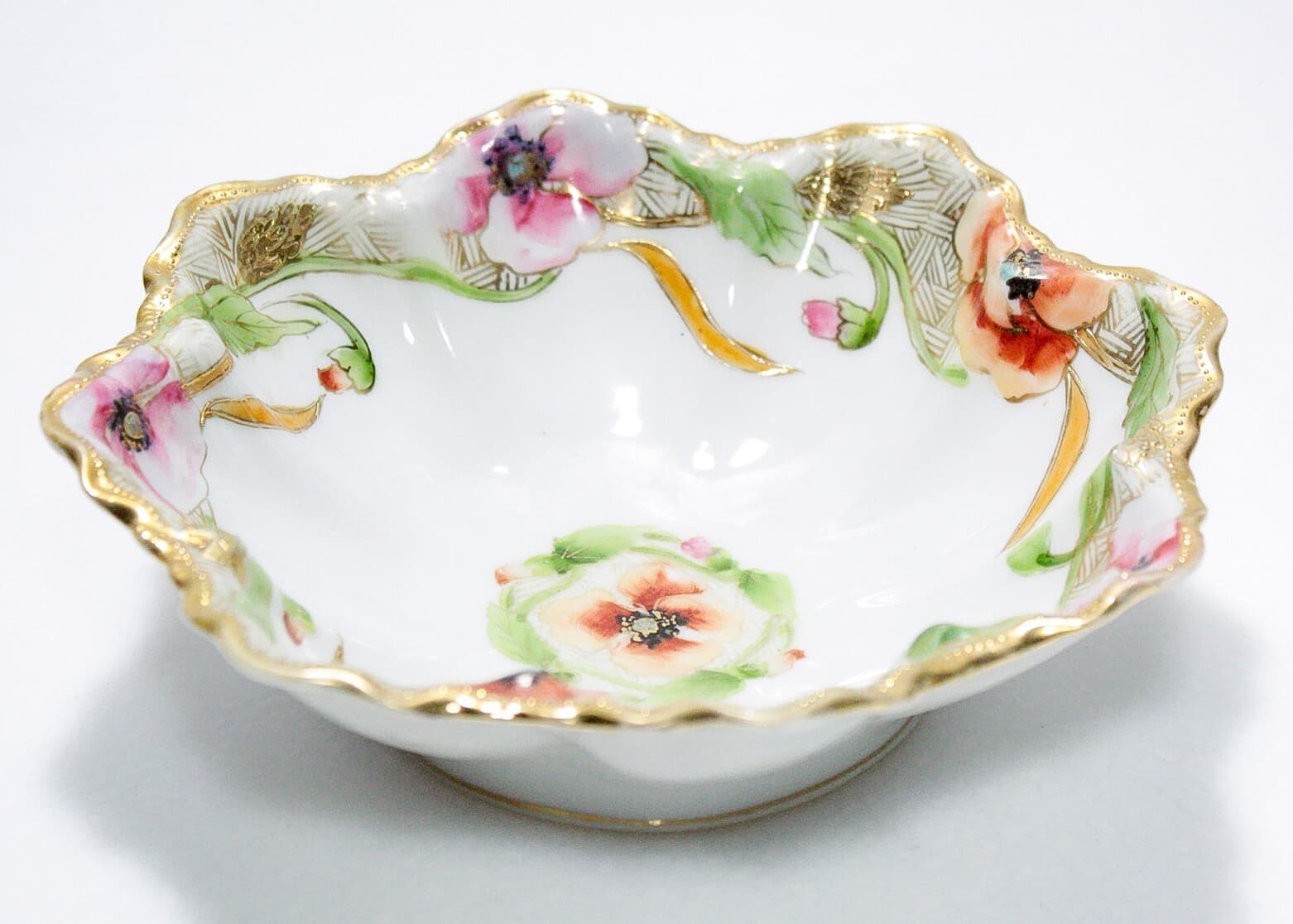 NIPPON Antique Hand Painted Japan Floral Gold Gilt Porcelain Bowl - Thumbnail 4