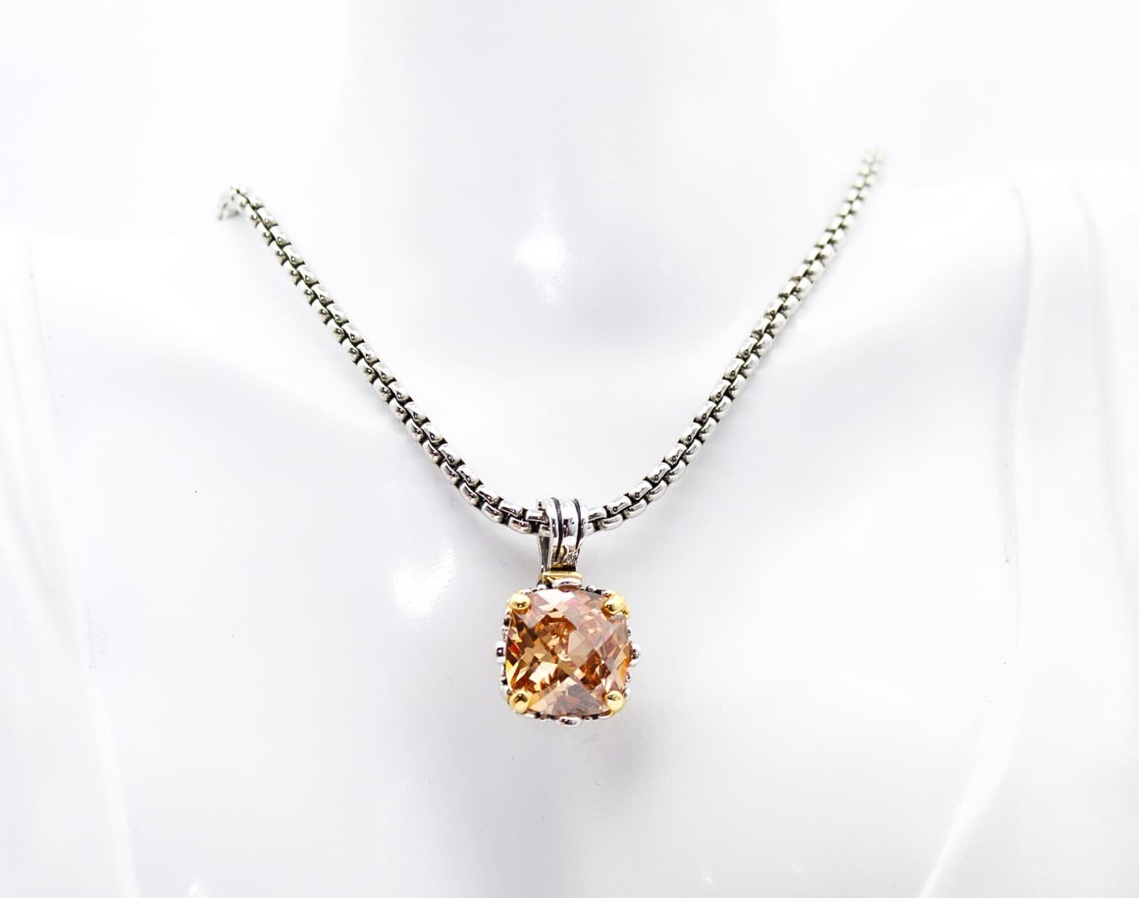 Premier Designs Silver Tone Peach Topaz Cushion Cut Box Chain Pendant Necklace - Thumbnail 2