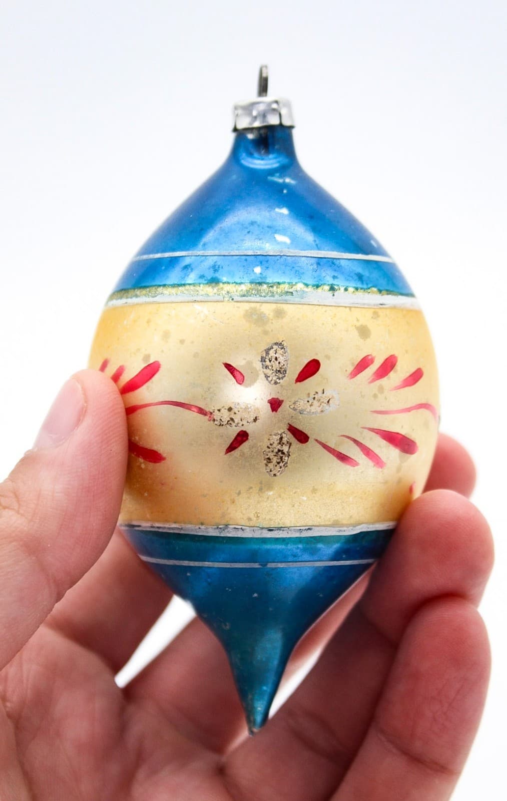 Vintage Poland Mercury Glass Hand Painted Blue Gold Teardrop Christmas Ornament - Thumbnail 3
