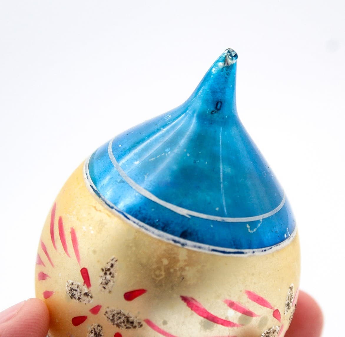 Vintage Poland Mercury Glass Hand Painted Blue Gold Teardrop Christmas Ornament - Thumbnail 5
