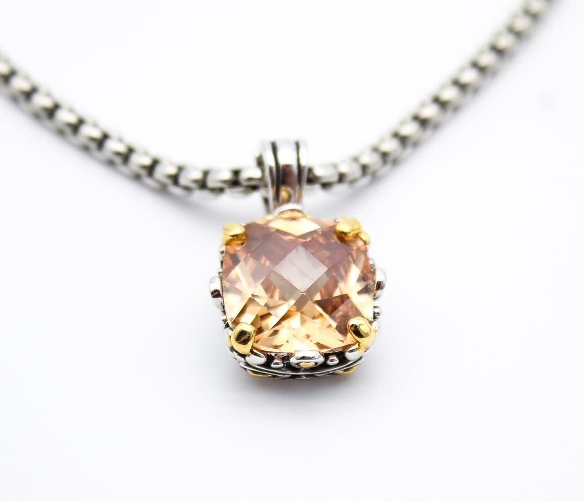 Premier Designs Silver Tone Peach Topaz Cushion Cut Box Chain Pendant Necklace - Thumbnail 4