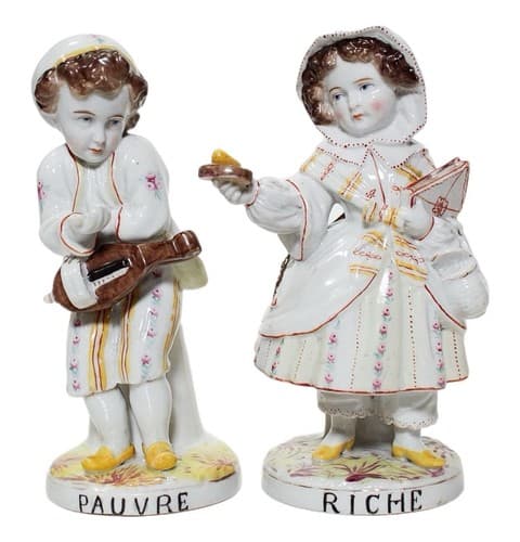 Antique Germany Hand Painted Boy And Girl Pauvre & Riche Porcelain Figurines - Image 1