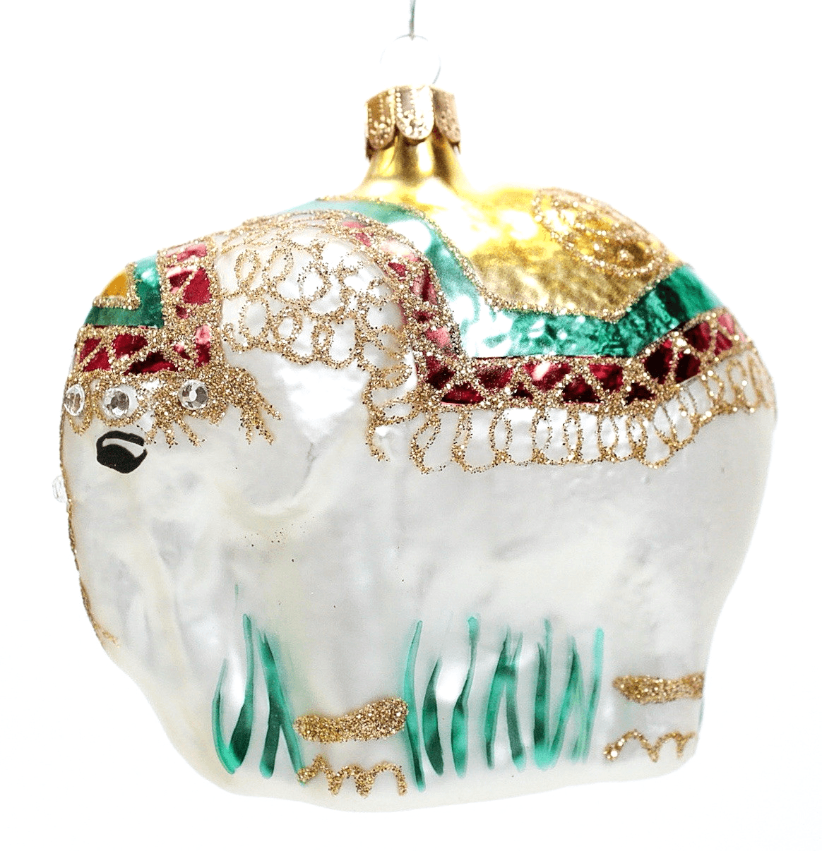 Indian Style White Elephant Hand Decorated Jeweled Glass Christmas Ornament - Image 1