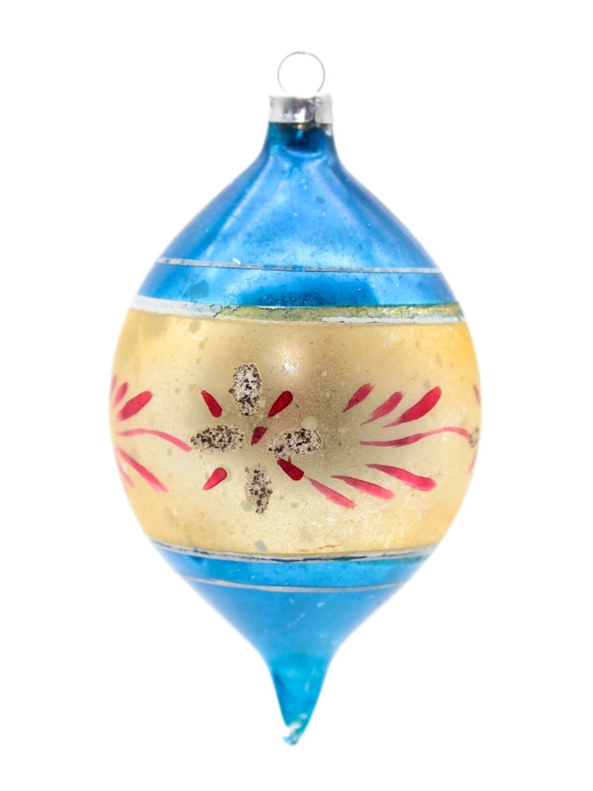Vintage Poland Mercury Glass Hand Painted Blue Gold Teardrop Christmas Ornament - Image 1