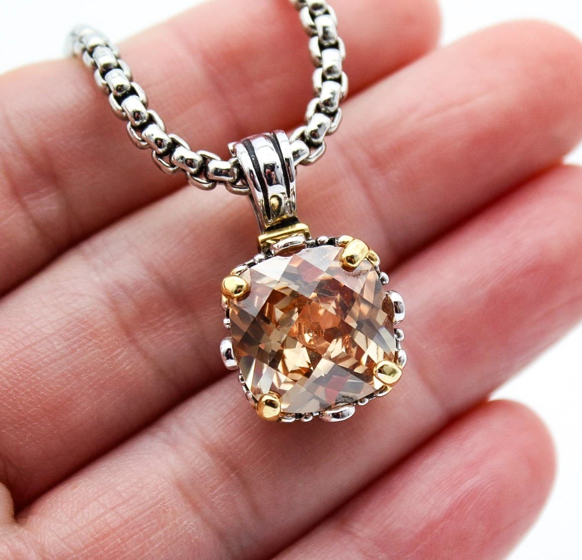 Premier Designs Silver Tone Peach Topaz Cushion Cut Box Chain Pendant Necklace - Thumbnail 5