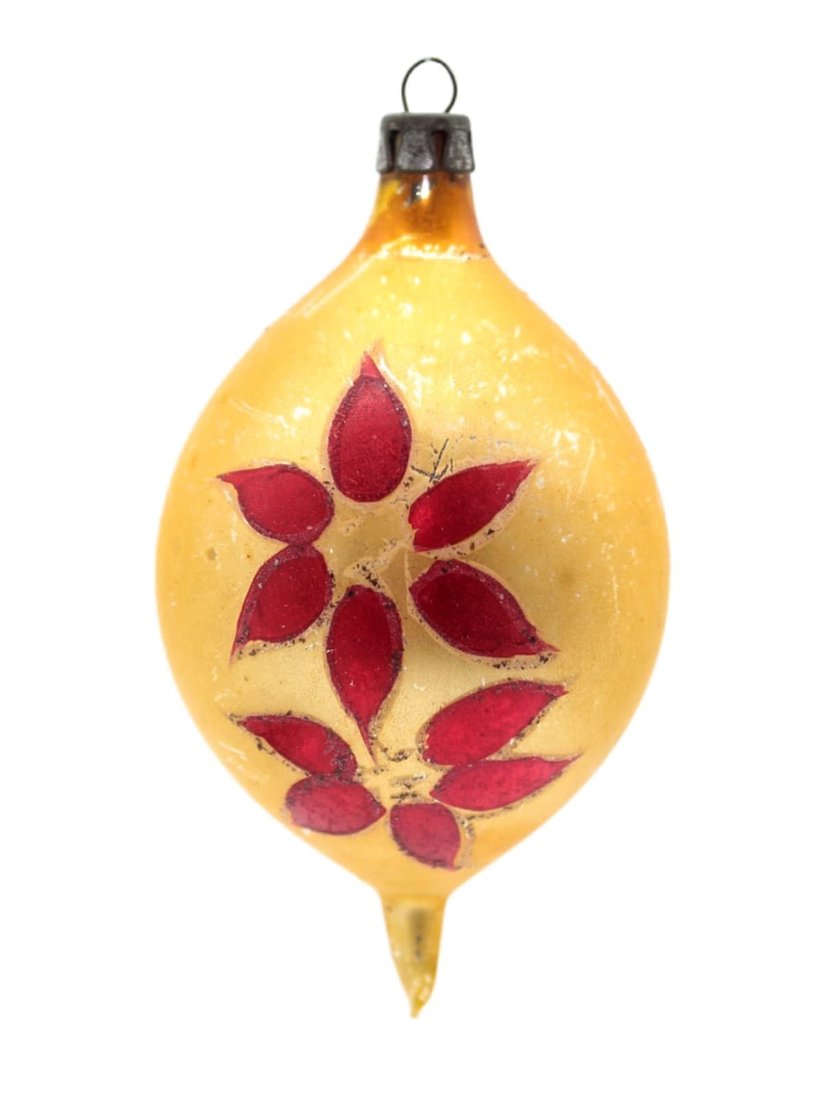 Vintage Poland Mercury Glass Hand Painted Red Floral Teardrop Christmas Ornament