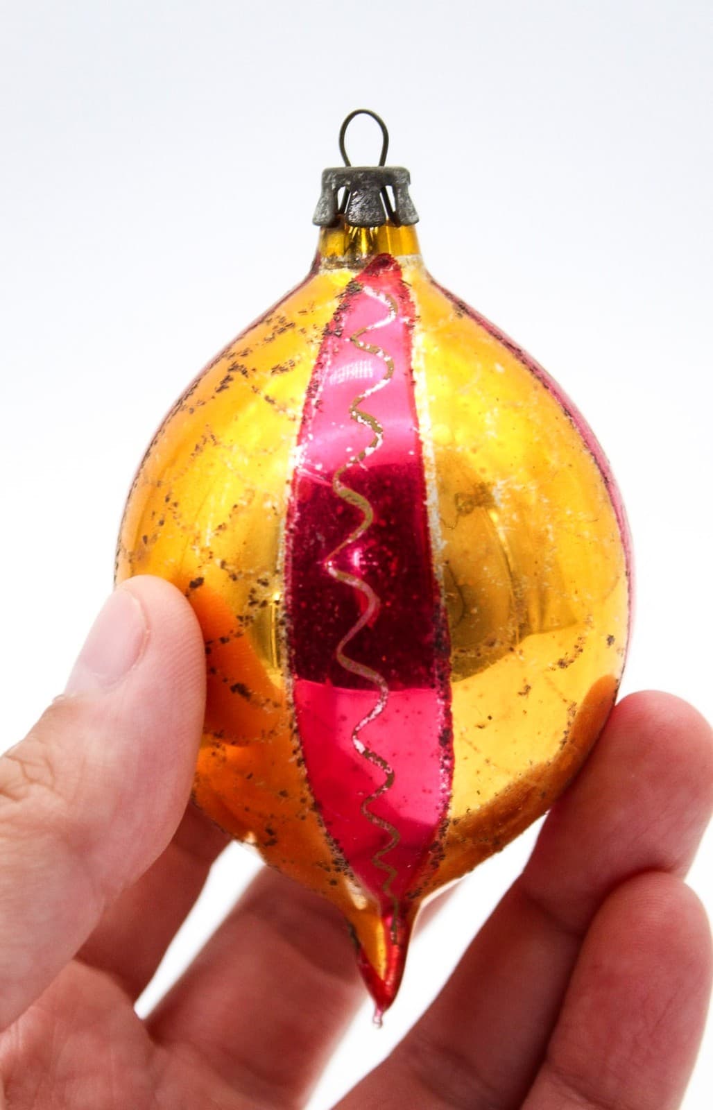 Vintage Poland Mercury Glass Pink Gold Mica Teardrop Christmas Ornament - Thumbnail 3