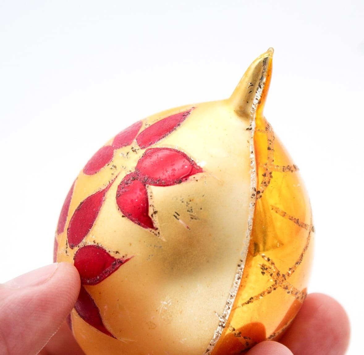 Vintage Poland Mercury Glass Hand Painted Red Floral Teardrop Christmas Ornament - Thumbnail 6