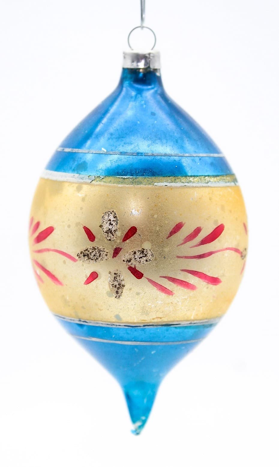 Vintage Poland Mercury Glass Hand Painted Blue Gold Teardrop Christmas Ornament - Thumbnail 7