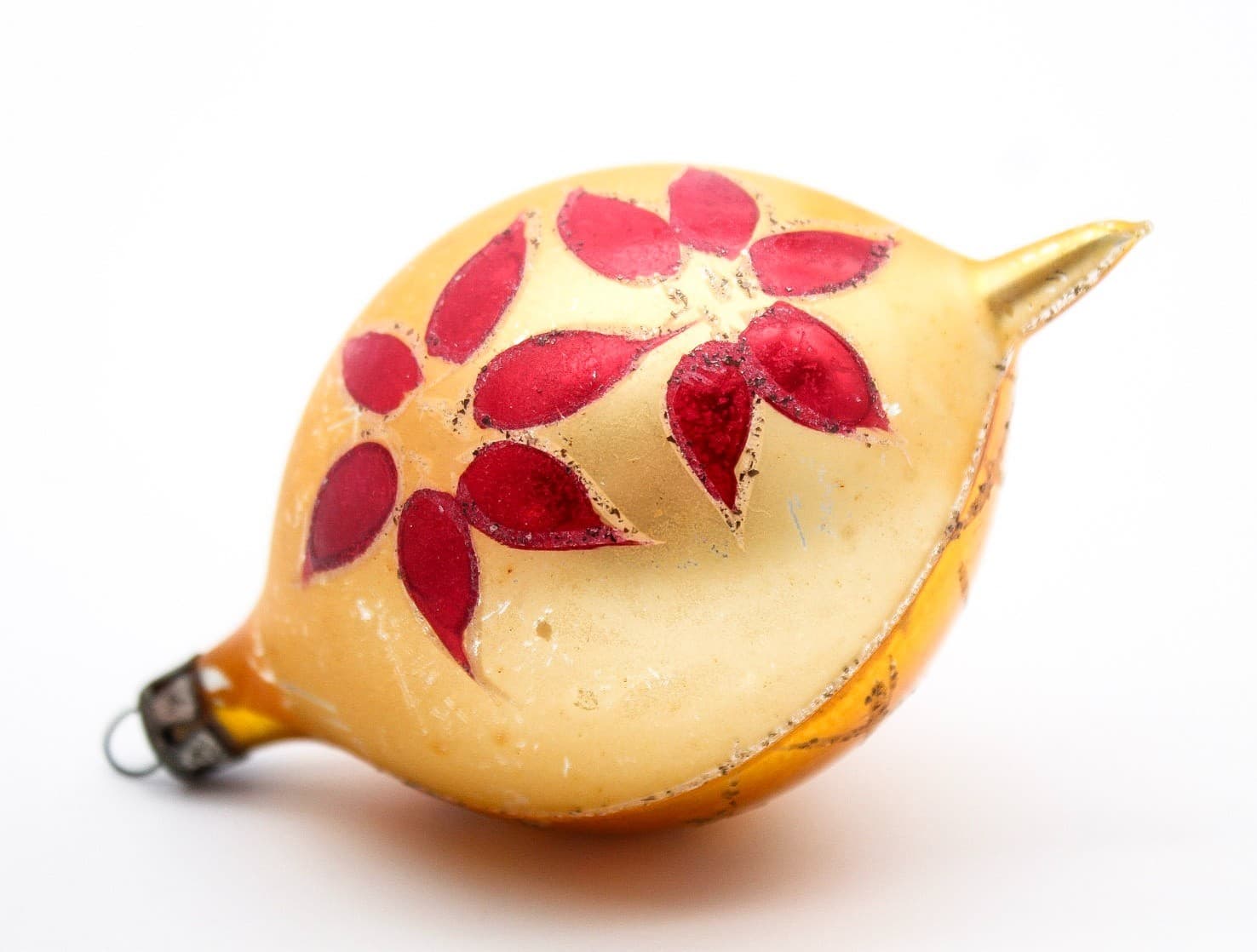 Vintage Poland Mercury Glass Hand Painted Red Floral Teardrop Christmas Ornament - Thumbnail 7
