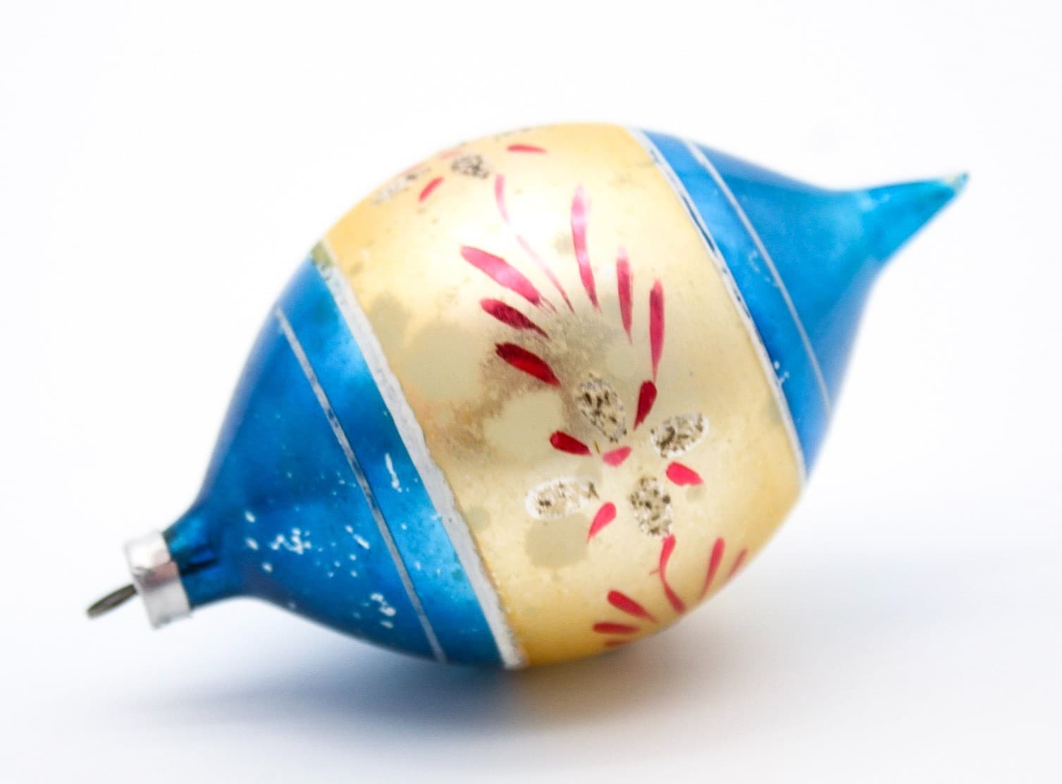 Vintage Poland Mercury Glass Hand Painted Blue Gold Teardrop Christmas Ornament - Thumbnail 6