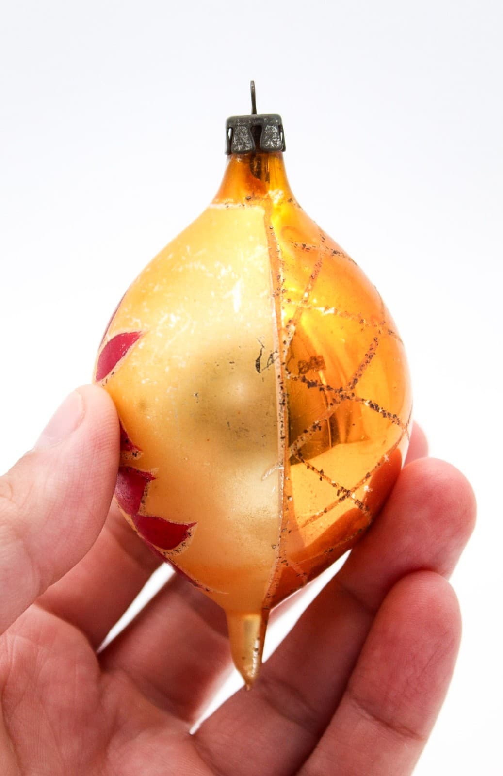 Vintage Poland Mercury Glass Hand Painted Red Floral Teardrop Christmas Ornament - Thumbnail 3
