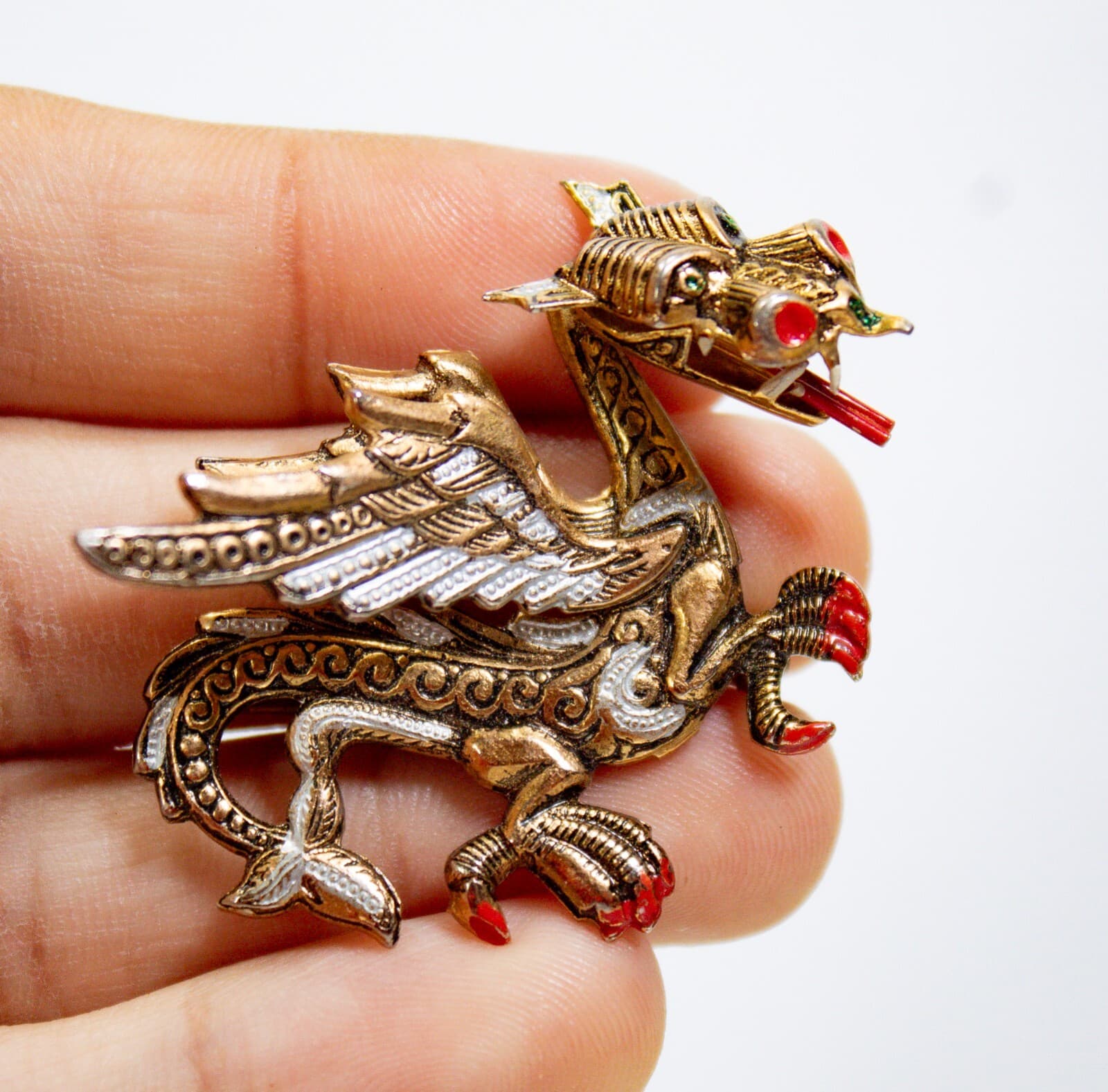 Vintage Spain Damascene Rhinestone Golden Lunar Dragon Brooch - Thumbnail 5