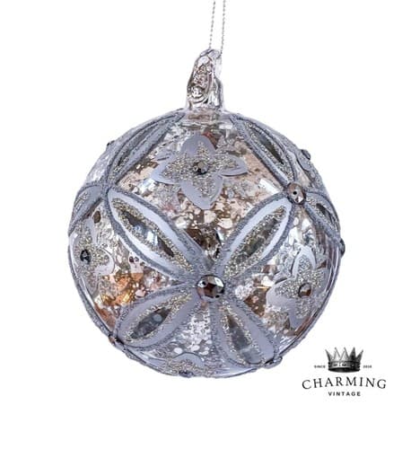 Vintage Mercury Silver Floral Ice Mirror Glass Beaded Christmas Ornament - Image 1