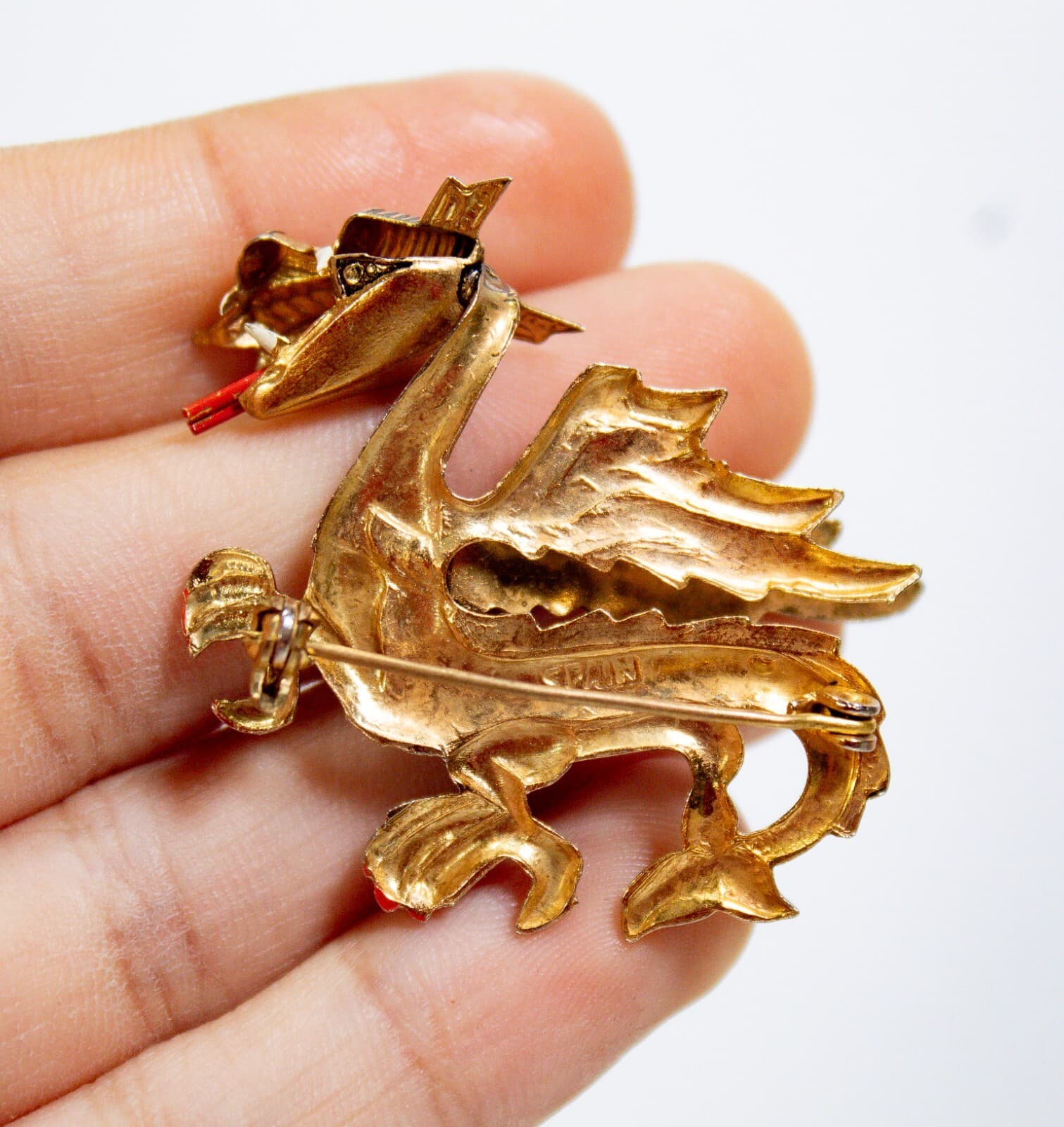 Vintage Spain Damascene Rhinestone Golden Lunar Dragon Brooch - Thumbnail 6