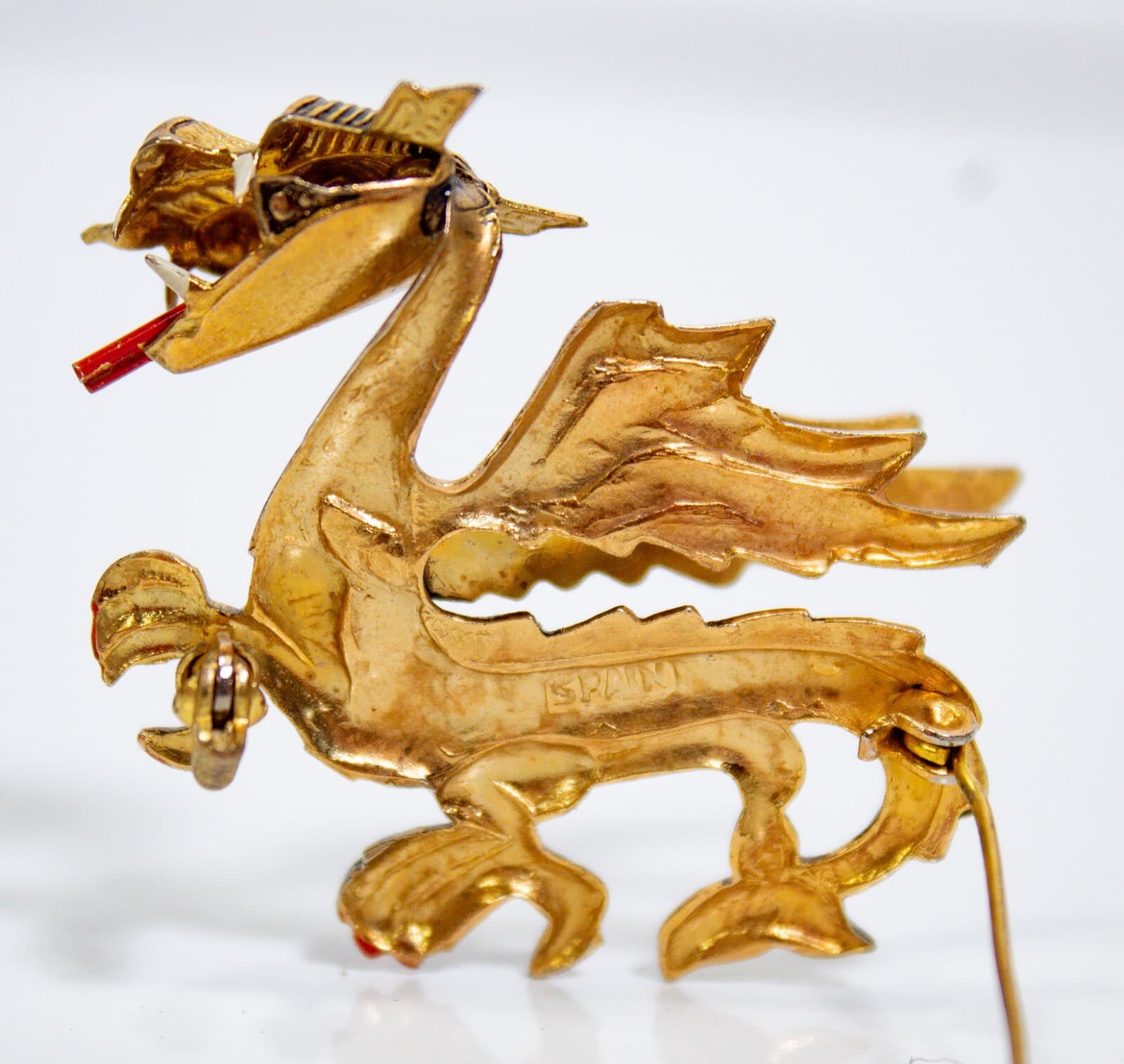 Vintage Spain Damascene Rhinestone Golden Lunar Dragon Brooch - Thumbnail 4