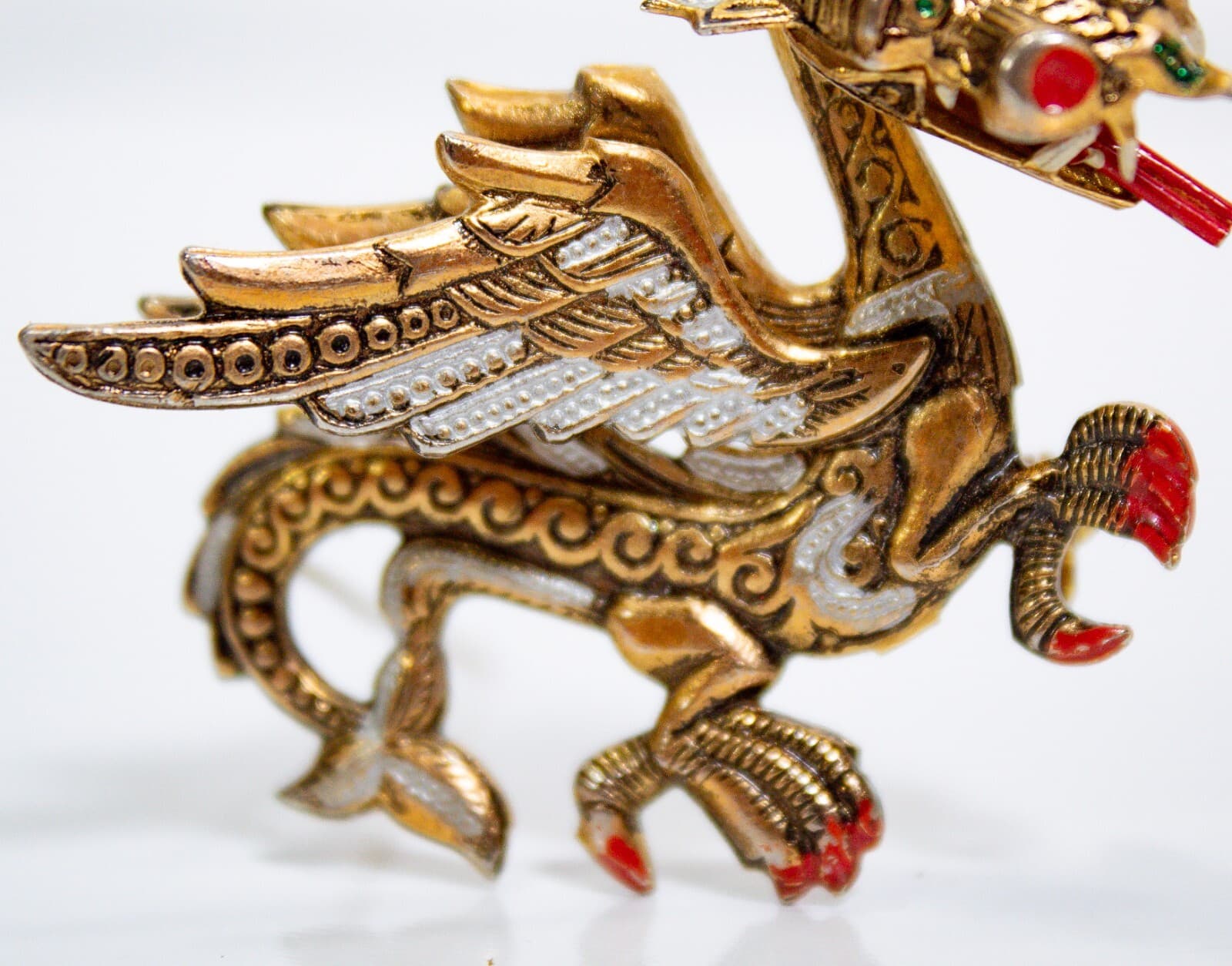 Vintage Spain Damascene Rhinestone Golden Lunar Dragon Brooch - Thumbnail 3