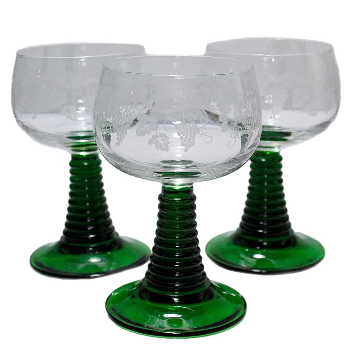 3 Vintage Green Beehive Stemmed Etched Vines & Grapes French Wine Glasses - Image 1