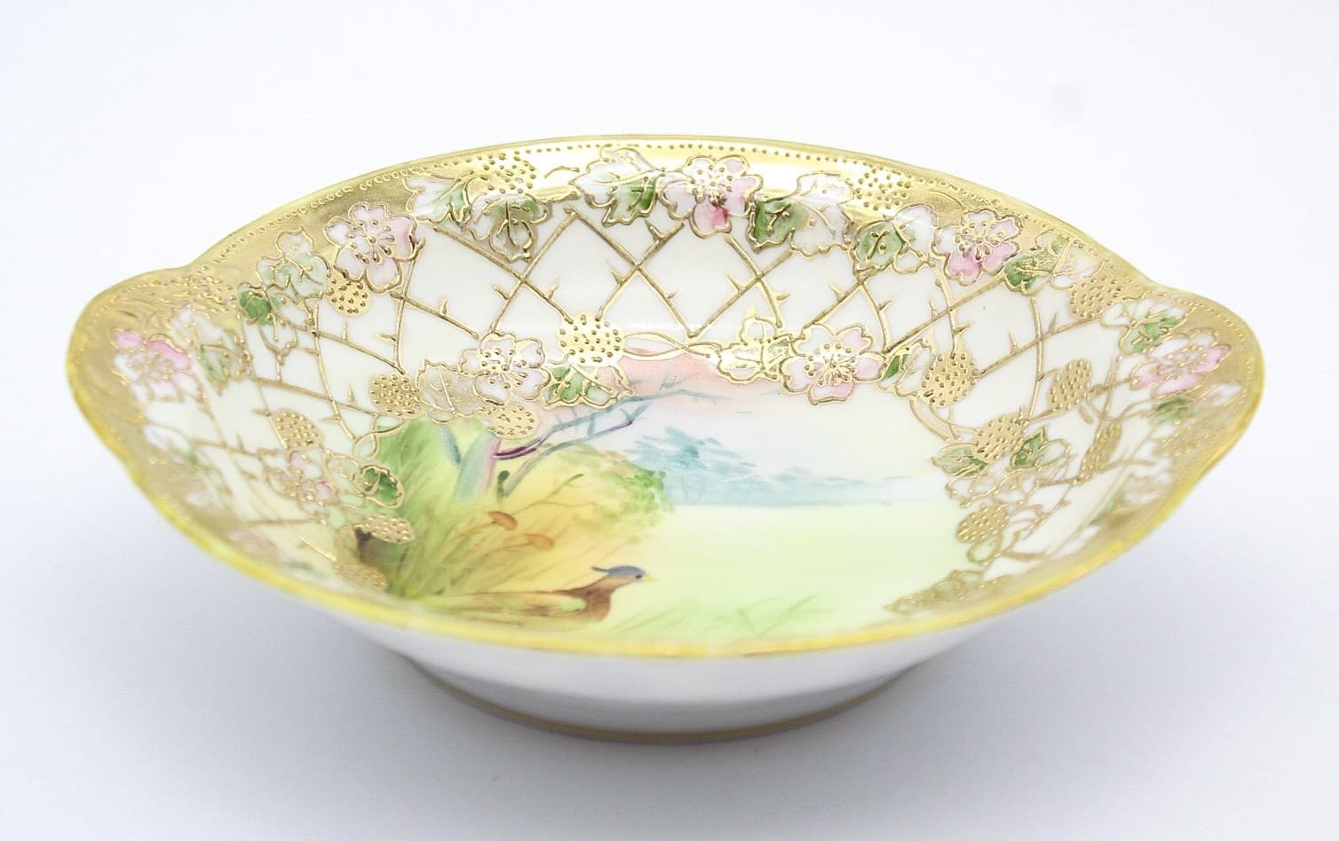 Vintage Hand Painted Nippon Japan Pheasant Bird Gold Gilt Porcelain Serving Dish - Thumbnail 2