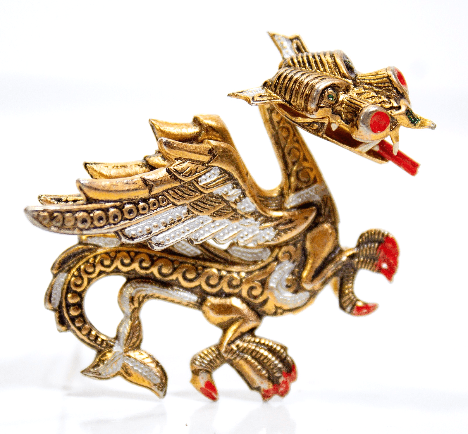 Vintage Spain Damascene Rhinestone Golden Lunar Dragon Brooch - Image 1