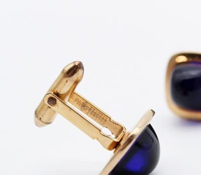 Correct Quality Marked Vintage Blue Cabochon Crystal Gold Tone Men's Cufflinks - Thumbnail 5