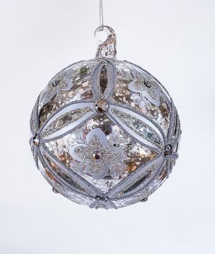 Vintage Mercury Silver Floral Ice Mirror Glass Beaded Christmas Ornament - Thumbnail 3