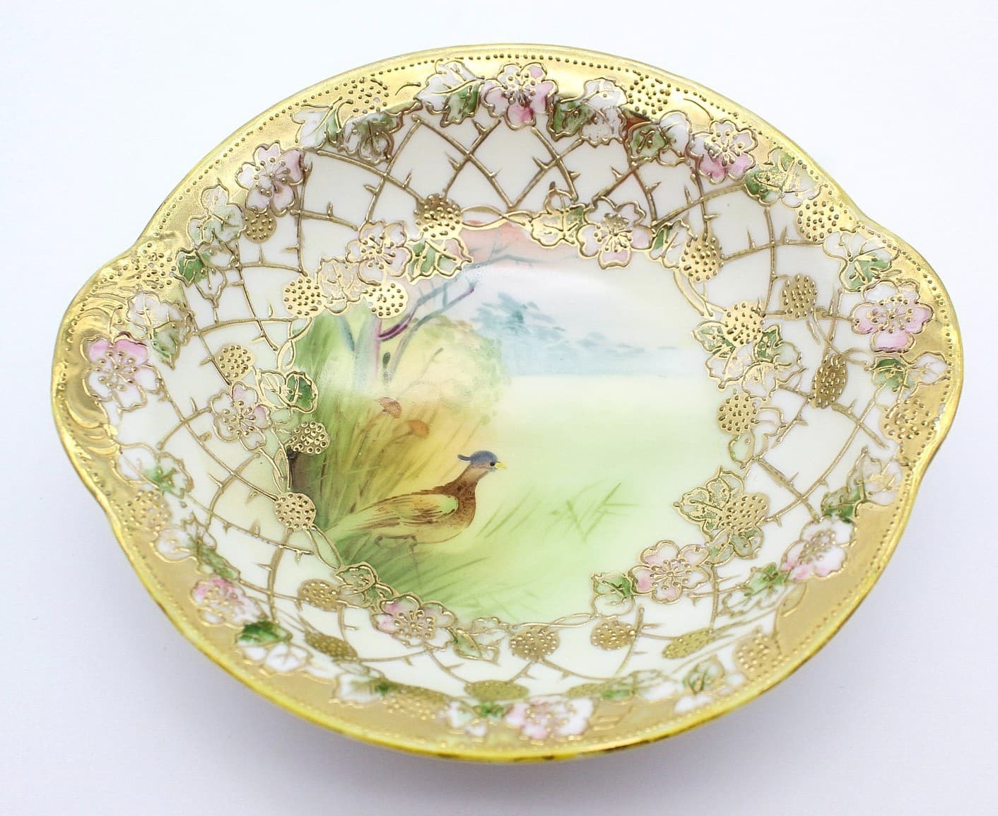 Vintage Hand Painted Nippon Japan Pheasant Bird Gold Gilt Porcelain Serving Dish - Thumbnail 7
