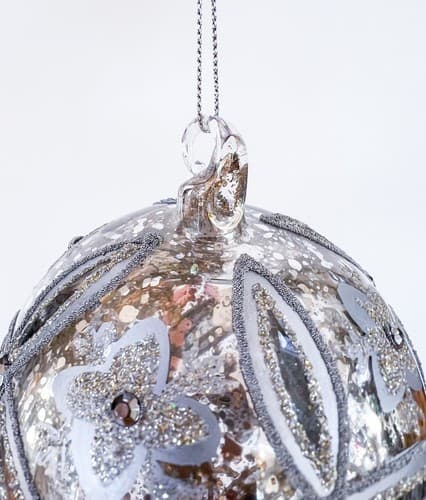 Vintage Mercury Silver Floral Ice Mirror Glass Beaded Christmas Ornament - Thumbnail 4