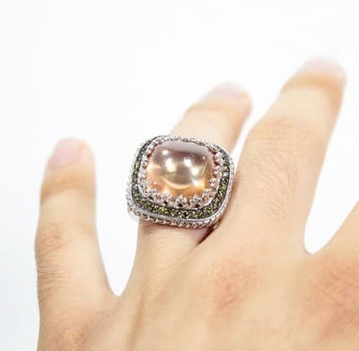 Sterling Silver 925 Pave Champagne Quartz Large Cocktail Ring Size 6.5 - Thumbnail 2