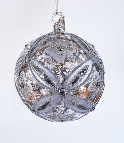 Vintage Mercury Silver Floral Ice Mirror Glass Beaded Christmas Ornament - Thumbnail 2