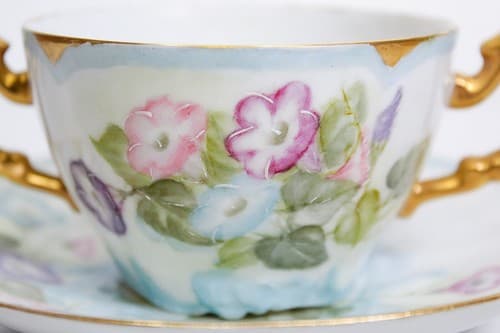 LIMOGE France T&V Hand Painted Floral Gold Gilt Porcelain Boullion Cup & Saucer - Thumbnail 2