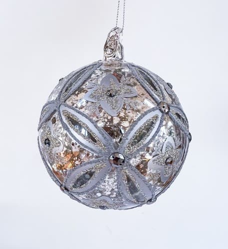 Vintage Mercury Silver Floral Ice Mirror Glass Beaded Christmas Ornament - Thumbnail 6