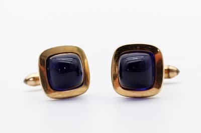 Correct Quality Marked Vintage Blue Cabochon Crystal Gold Tone Men's Cufflinks - Thumbnail 2