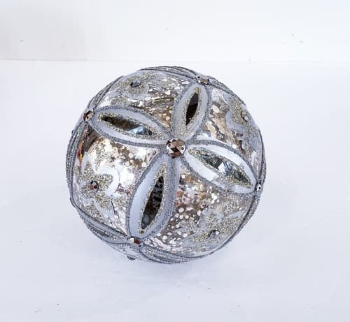 Vintage Mercury Silver Floral Ice Mirror Glass Beaded Christmas Ornament - Thumbnail 5