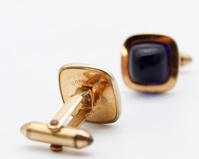 Correct Quality Marked Vintage Blue Cabochon Crystal Gold Tone Men's Cufflinks - Thumbnail 4